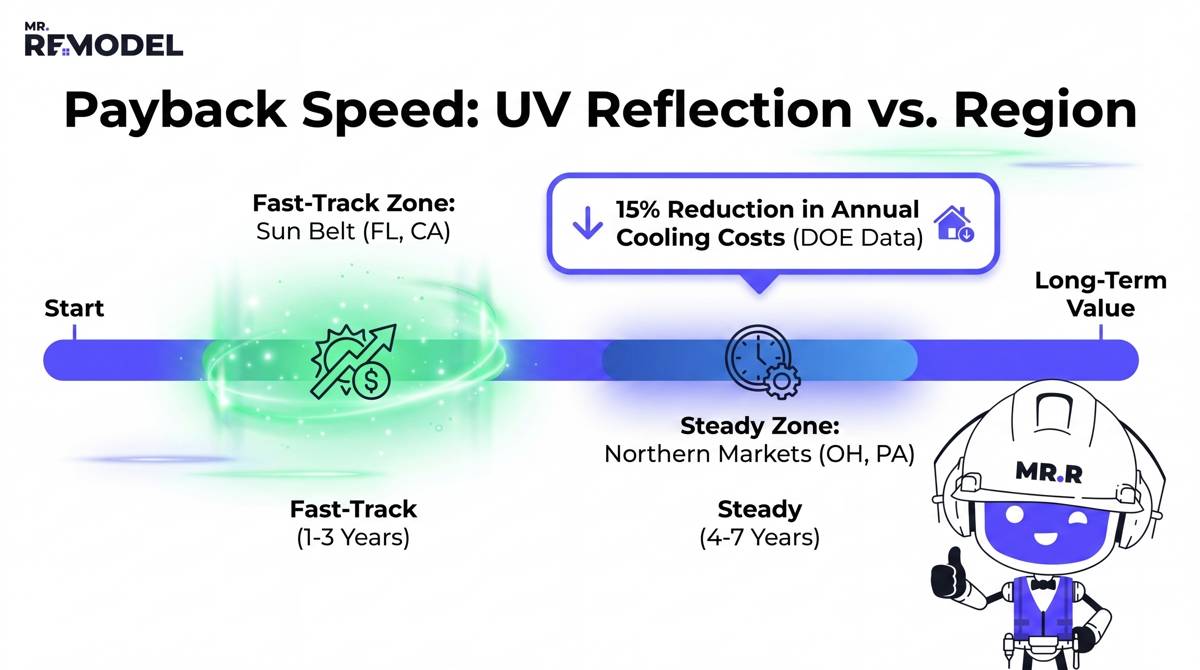 A regional ROI infographic showing that homeowners in high-heat states like Florida see a faster financial return on energy-efficient roofing due to drastic cooling bill reductions.